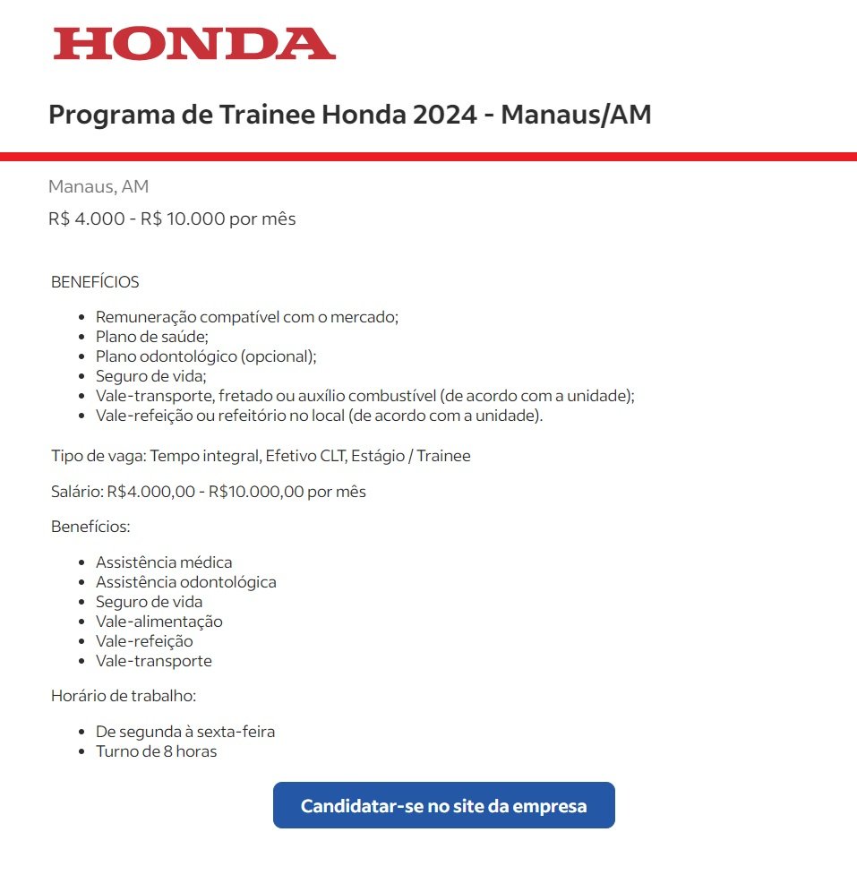 Estão Abertas as Inscrições para Programa de Trainee Honda 2024